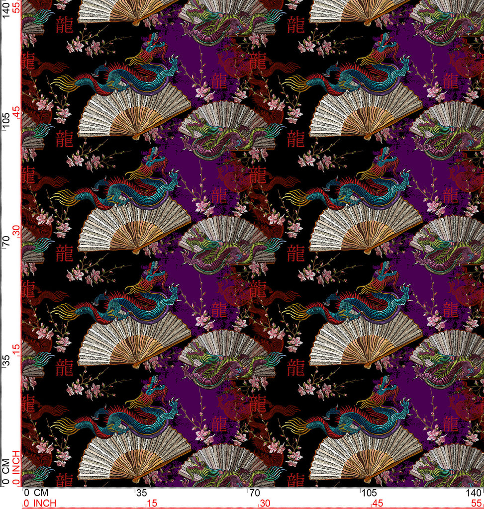 Embroidery Simulated Dragon and Fan